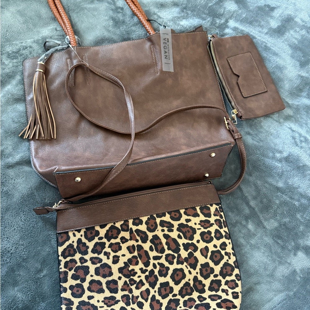 Brown Leather Tote 3 Bags-with Leopard Print Pouch -Vegan PETA Approved